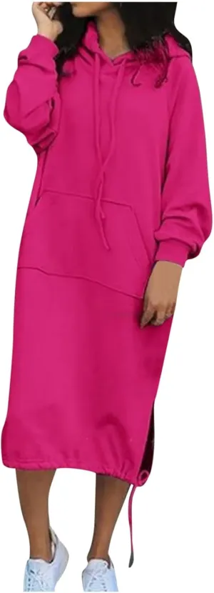 Midi Dresses for Women Plus Size Casual Fashion Long Sleeve V-Neck Soft Solid Colour Hooded Loose Holiday Dresses