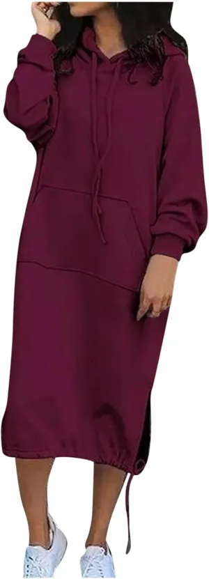 Midi Dresses for Women Plus Size Casual Fashion Long Sleeve V-Neck Soft Solid Colour Hooded Loose Holiday Dresses