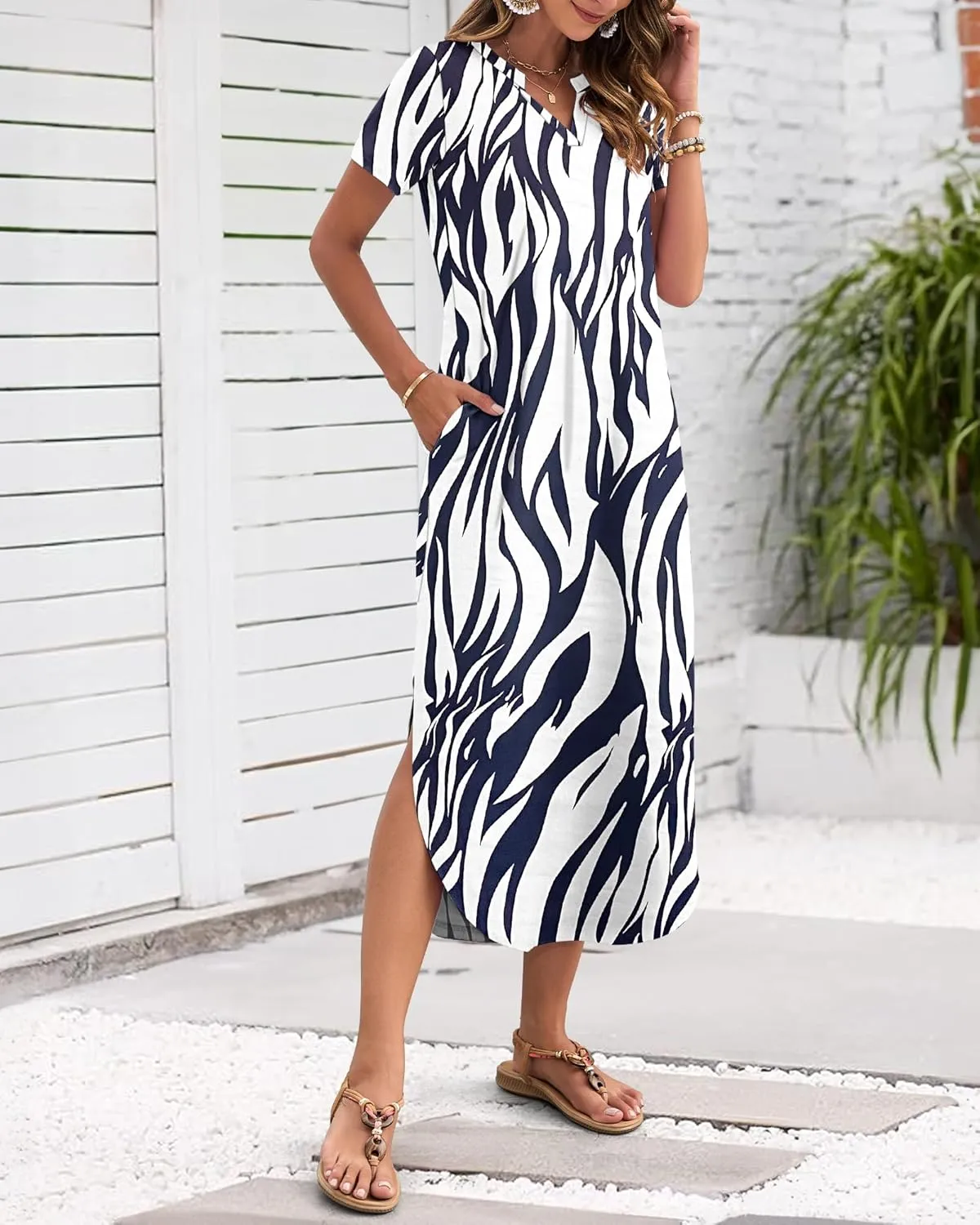 MISFAY Women's Summer Casual Maxi Dress 2025 Short Sleeves V Neck Loose Sundress Split Long Beach Shirt Dress Vacation Outfit