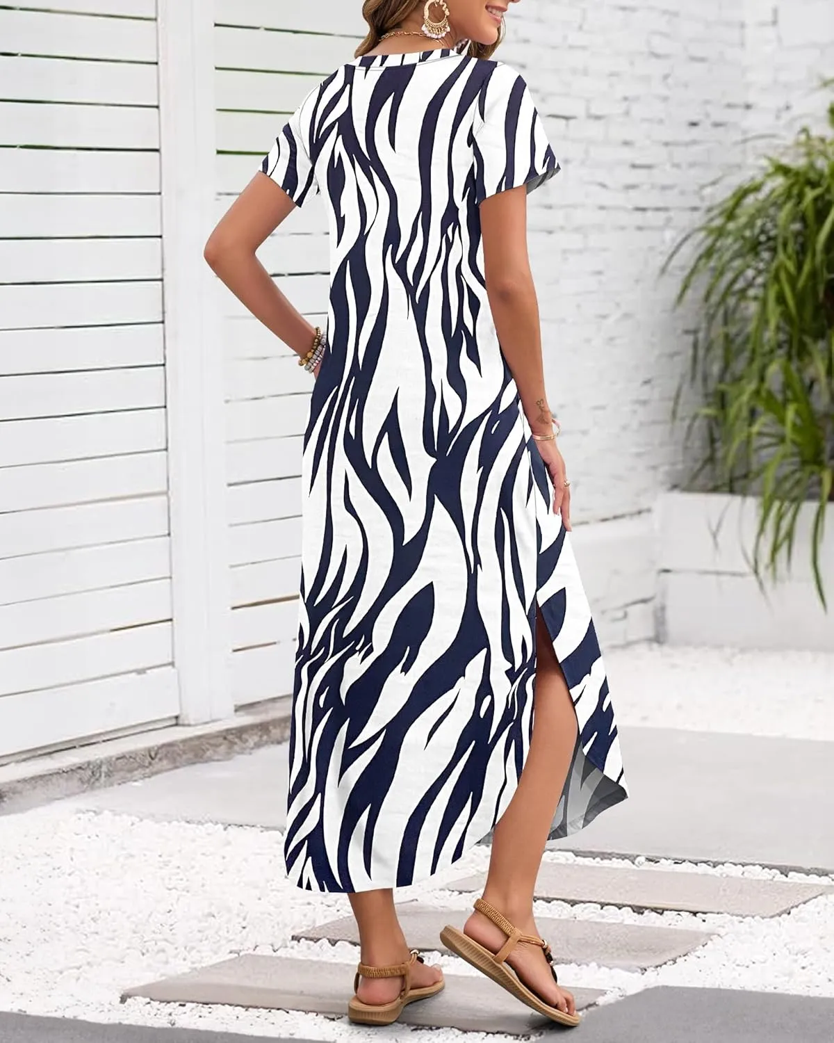 MISFAY Women's Summer Casual Maxi Dress 2025 Short Sleeves V Neck Loose Sundress Split Long Beach Shirt Dress Vacation Outfit