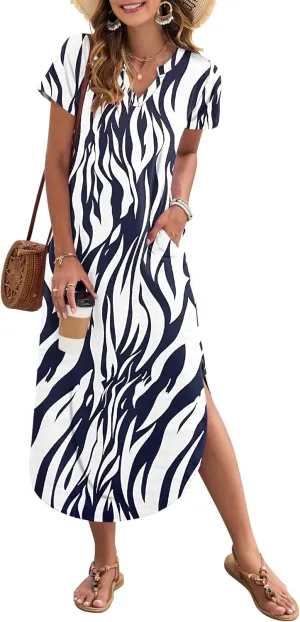 MISFAY Women's Summer Casual Maxi Dress 2025 Short Sleeves V Neck Loose Sundress Split Long Beach Shirt Dress Vacation Outfit