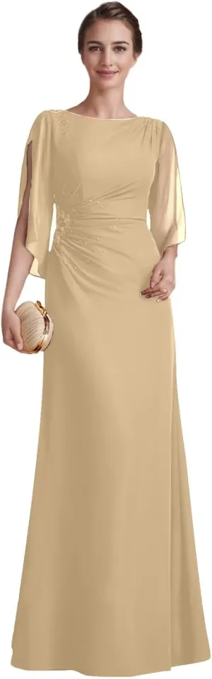 Mother of The Bride Dresses A-line Boat-Neck Floor-Length Chiffon Split Seven-Quarter Sleeves Long Formal Evening Gowns