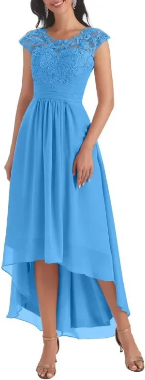 Mother of The Bride Dresses for Women Lace Appliques Short Sleeve Chiffon Formal Evening Gown