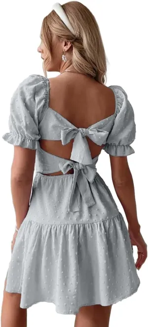 Narecte Summer Dresses for Women 2025,Tie Backless Swiss Dot Mini Dress,Ruffle Hem Flowy Casual Dresses
