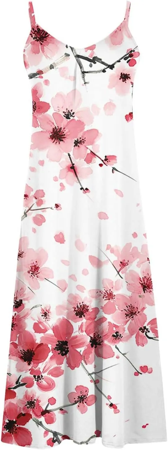 NaRHbrg Women's Floral Print Maxi Dress Sleeveless V Neck Boho Beach Sundress Flowy Casual Summer Long Dresses Sundress
