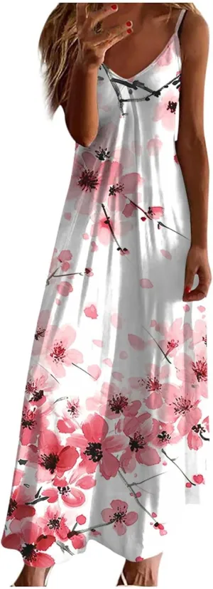 NaRHbrg Women's Floral Print Maxi Dress Sleeveless V Neck Boho Beach Sundress Flowy Casual Summer Long Dresses Sundress