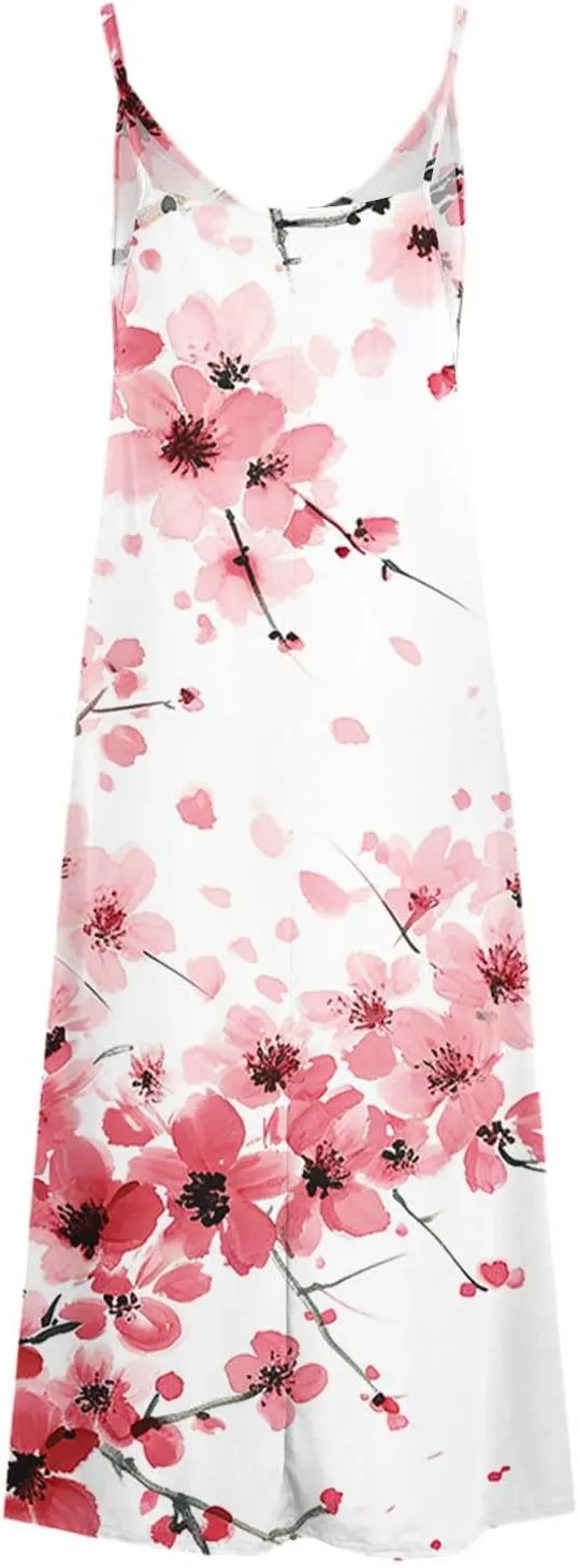NaRHbrg Women's Floral Print Maxi Dress Sleeveless V Neck Boho Beach Sundress Flowy Casual Summer Long Dresses Sundress