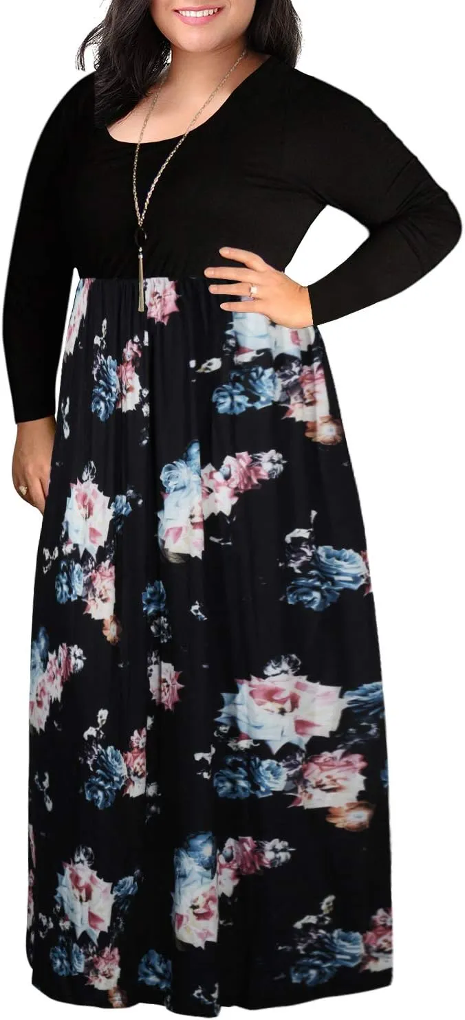 Nemidor Women's Chevron Print Long Sleeve Plus Size Casual Maxi Dress with Pocket