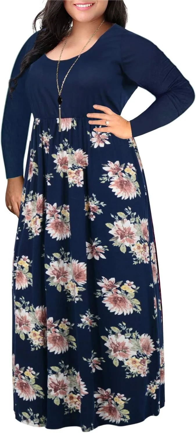 Nemidor Women's Chevron Print Long Sleeve Plus Size Casual Maxi Dress with Pocket