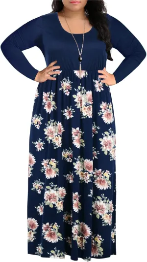 Nemidor Women's Chevron Print Long Sleeve Plus Size Casual Maxi Dress with Pocket