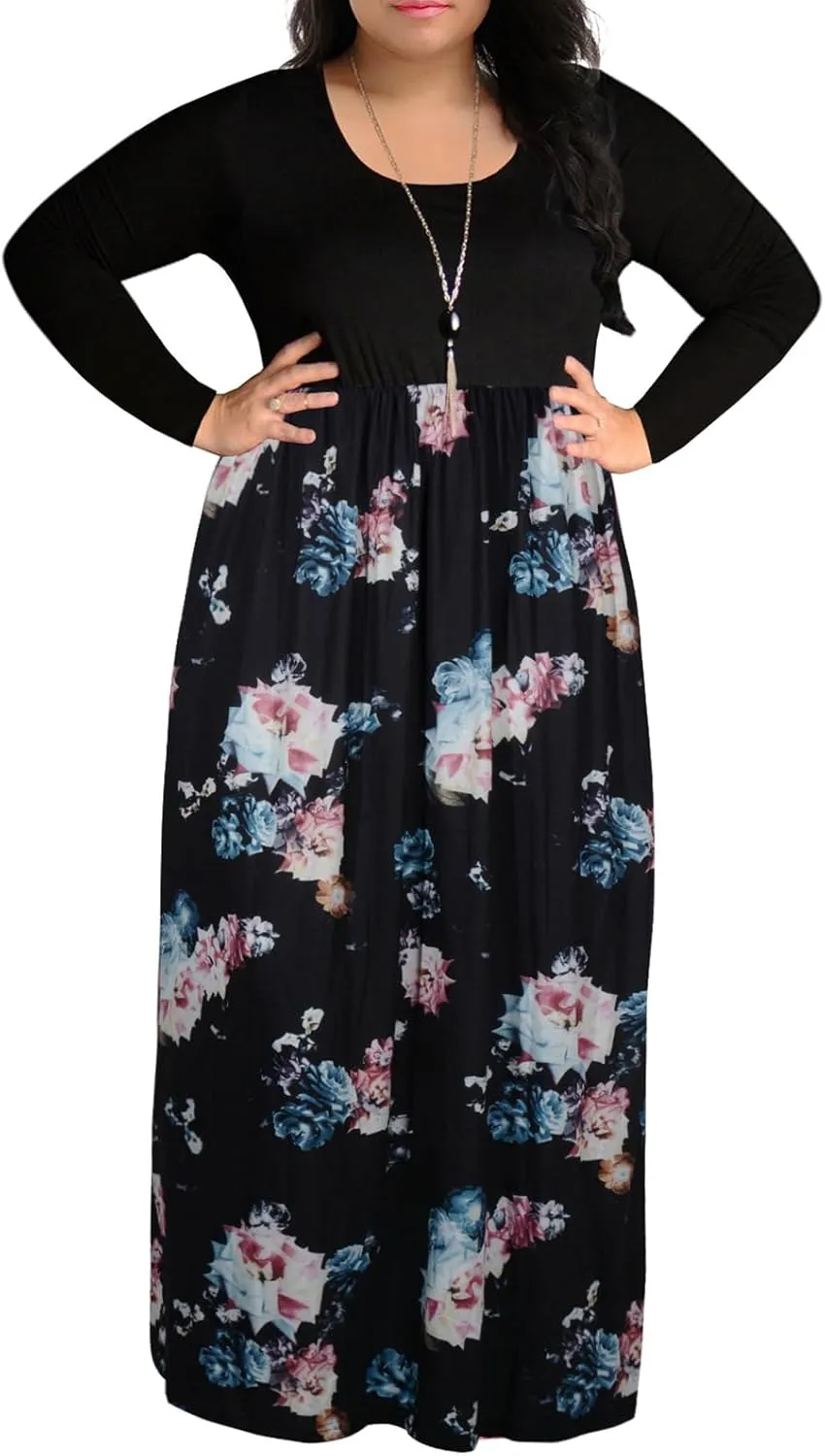 Nemidor Women's Chevron Print Long Sleeve Plus Size Casual Maxi Dress with Pocket