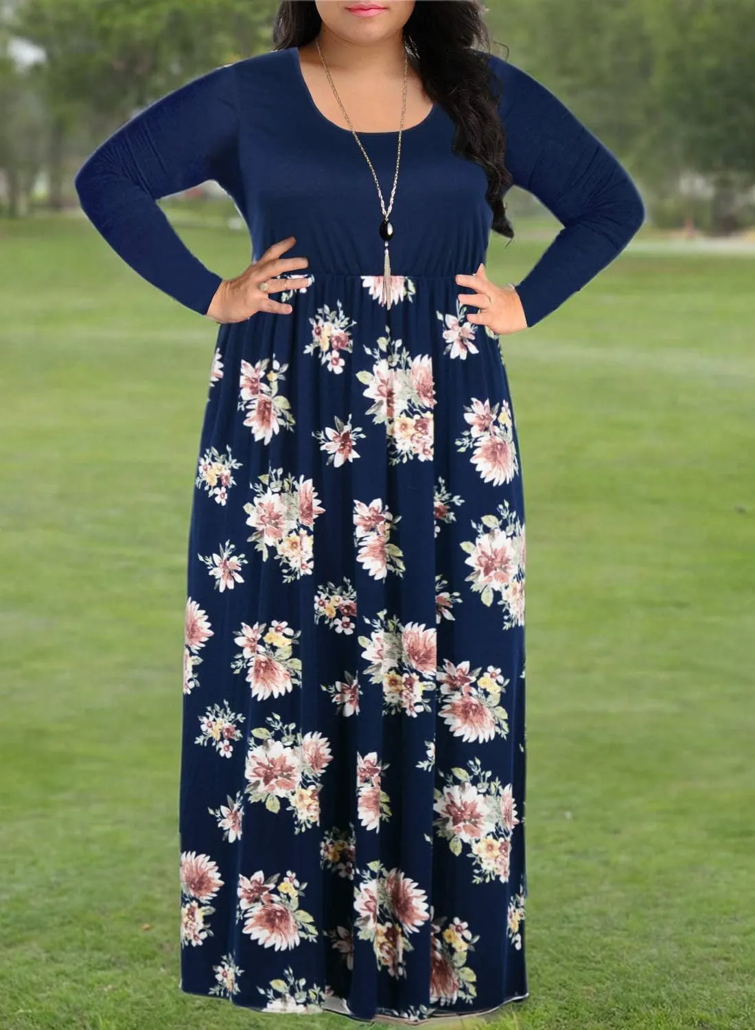 Nemidor Women's Chevron Print Long Sleeve Plus Size Casual Maxi Dress with Pocket