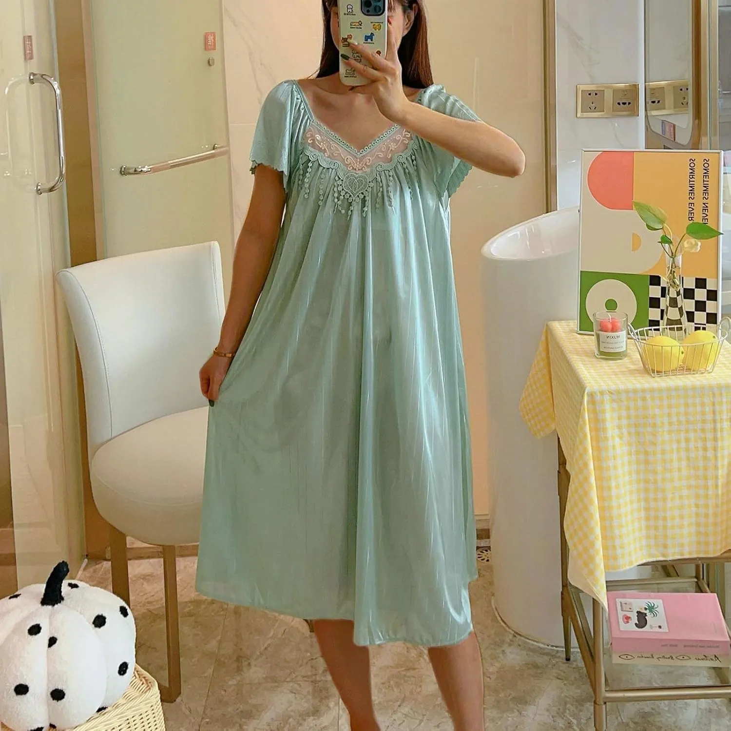 Nightgowns for Women Short Sleeve Flowy Midi Sleep Dress Lace V Neck Embroidered Nightshirt Comfy Soft Loungewear