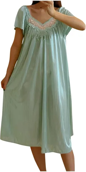 Nightgowns for Women Short Sleeve Flowy Midi Sleep Dress Lace V Neck Embroidered Nightshirt Comfy Soft Loungewear