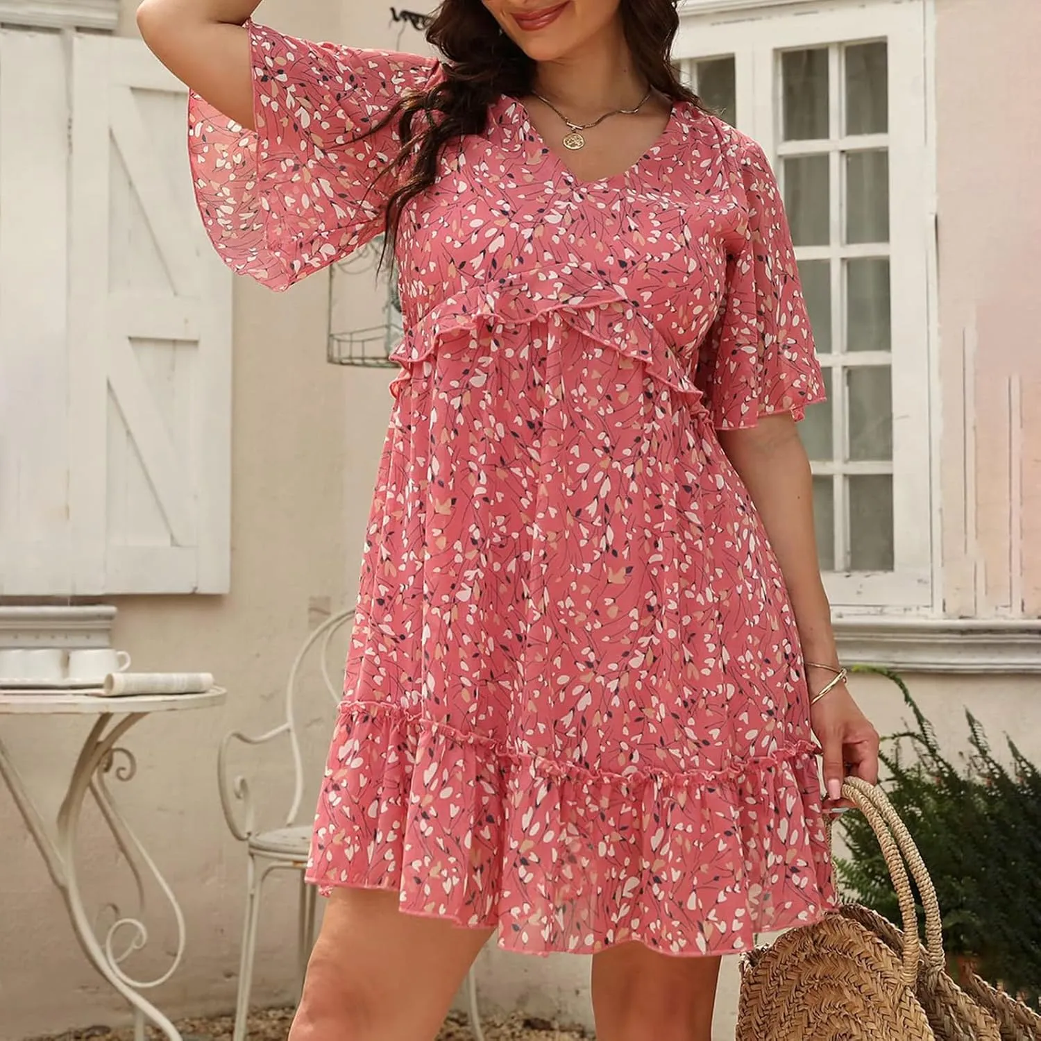 ODIZLI Big Womens Summer Ditsy Floral Print Ruffle Mini Flowy Dress Loose Plus Size