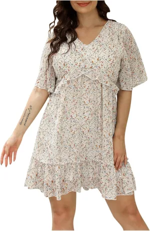 ODIZLI Big Womens Summer Ditsy Floral Print Ruffle Mini Flowy Dress Loose Plus Size