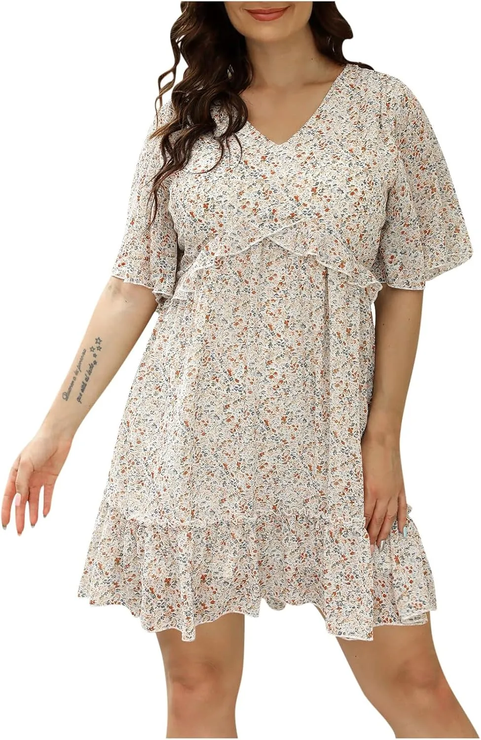 ODIZLI Big Womens Summer Ditsy Floral Print Ruffle Mini Flowy Dress Loose Plus Size