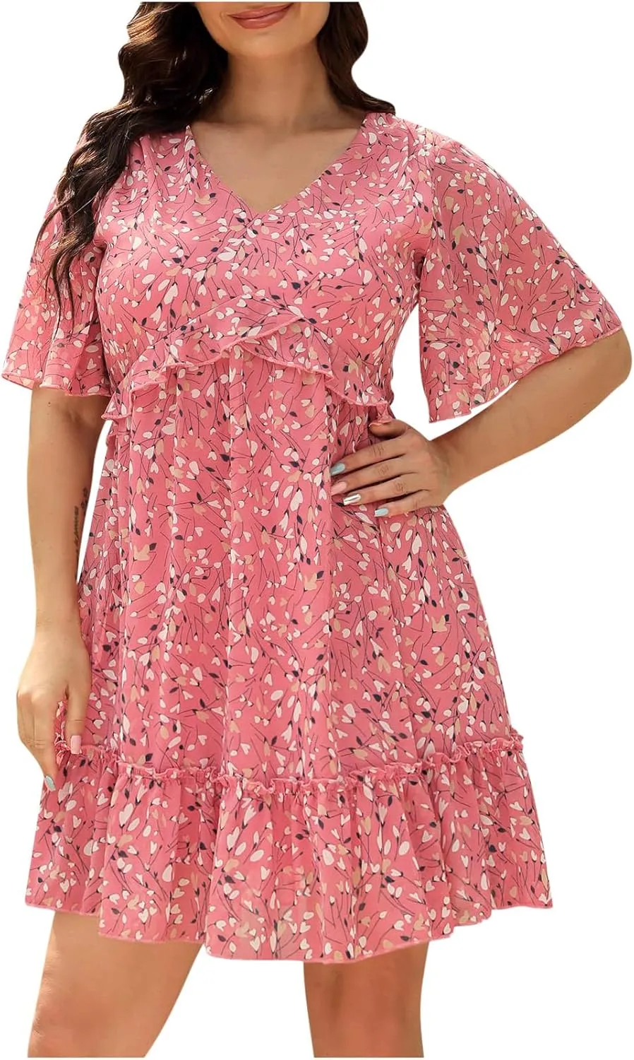 ODIZLI Big Womens Summer Ditsy Floral Print Ruffle Mini Flowy Dress Loose Plus Size
