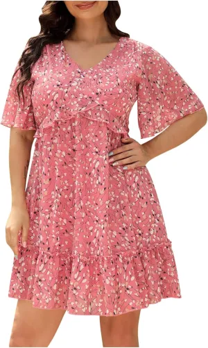ODIZLI Big Womens Summer Ditsy Floral Print Ruffle Mini Flowy Dress Loose Plus Size