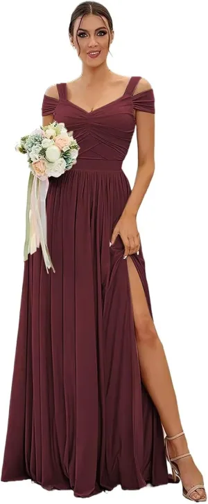Off The Shoulder Bridesmaid Dresses for Women Chiffon Formal Wedding Guest Dress Long Evening Party Gown with Slit