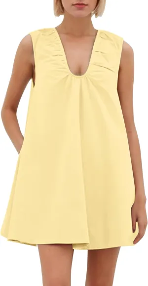 OLAPTA Women Summer Sleeveless Babydoll Mini Tank Dresses Loose Fit Scoop Neck Ruched Short Dress with Pockets Party Clubwear