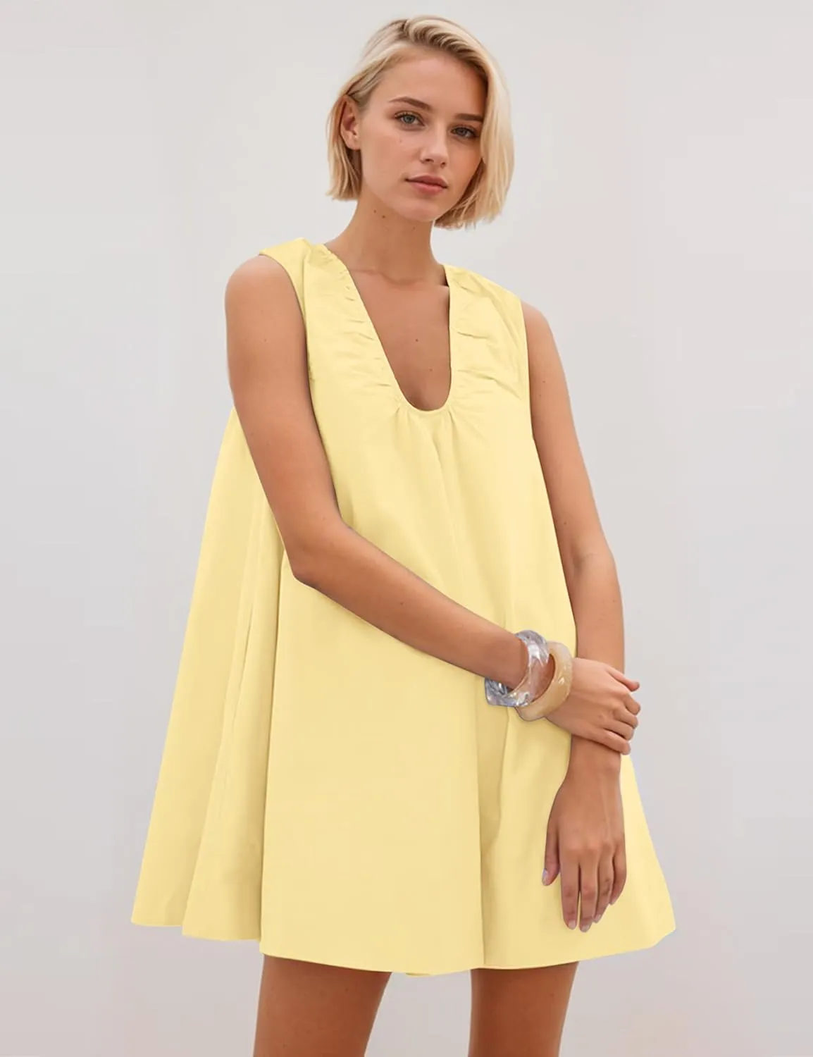 OLAPTA Women Summer Sleeveless Babydoll Mini Tank Dresses Loose Fit Scoop Neck Ruched Short Dress with Pockets Party Clubwear