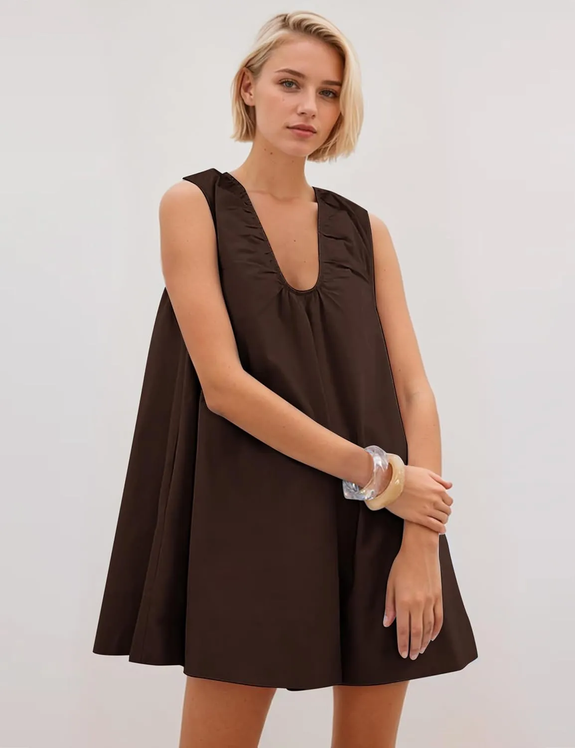 OLAPTA Women Summer Sleeveless Babydoll Mini Tank Dresses Loose Fit Scoop Neck Ruched Short Dress with Pockets Party Clubwear