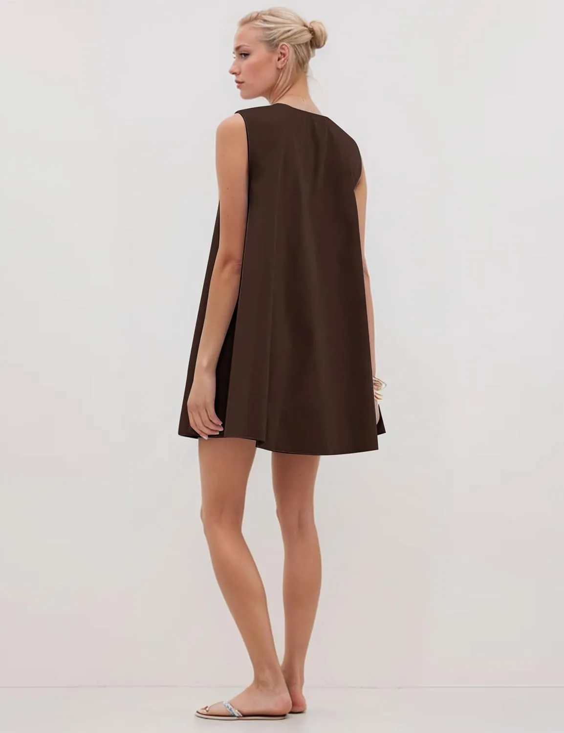 OLAPTA Women Summer Sleeveless Babydoll Mini Tank Dresses Loose Fit Scoop Neck Ruched Short Dress with Pockets Party Clubwear