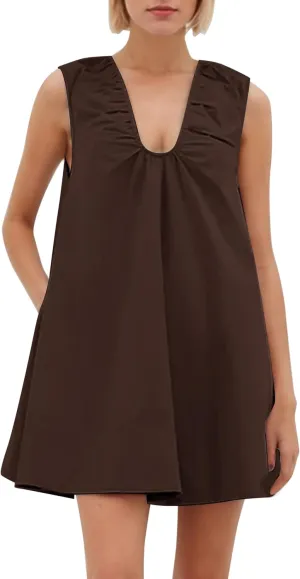 OLAPTA Women Summer Sleeveless Babydoll Mini Tank Dresses Loose Fit Scoop Neck Ruched Short Dress with Pockets Party Clubwear