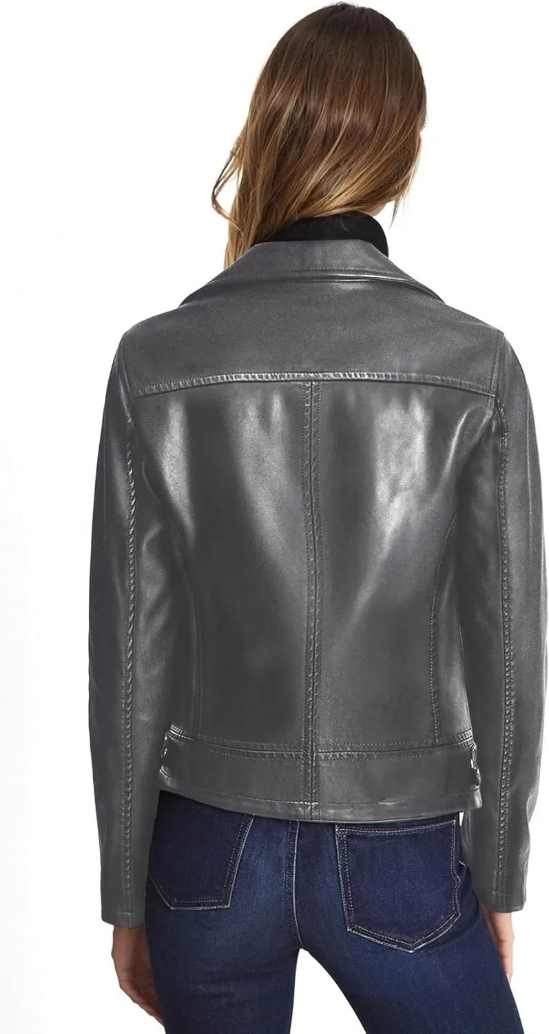 Olivia Miller Women's Faux Leather Moto Biker Jacket Long Sleeve Zip Jacket