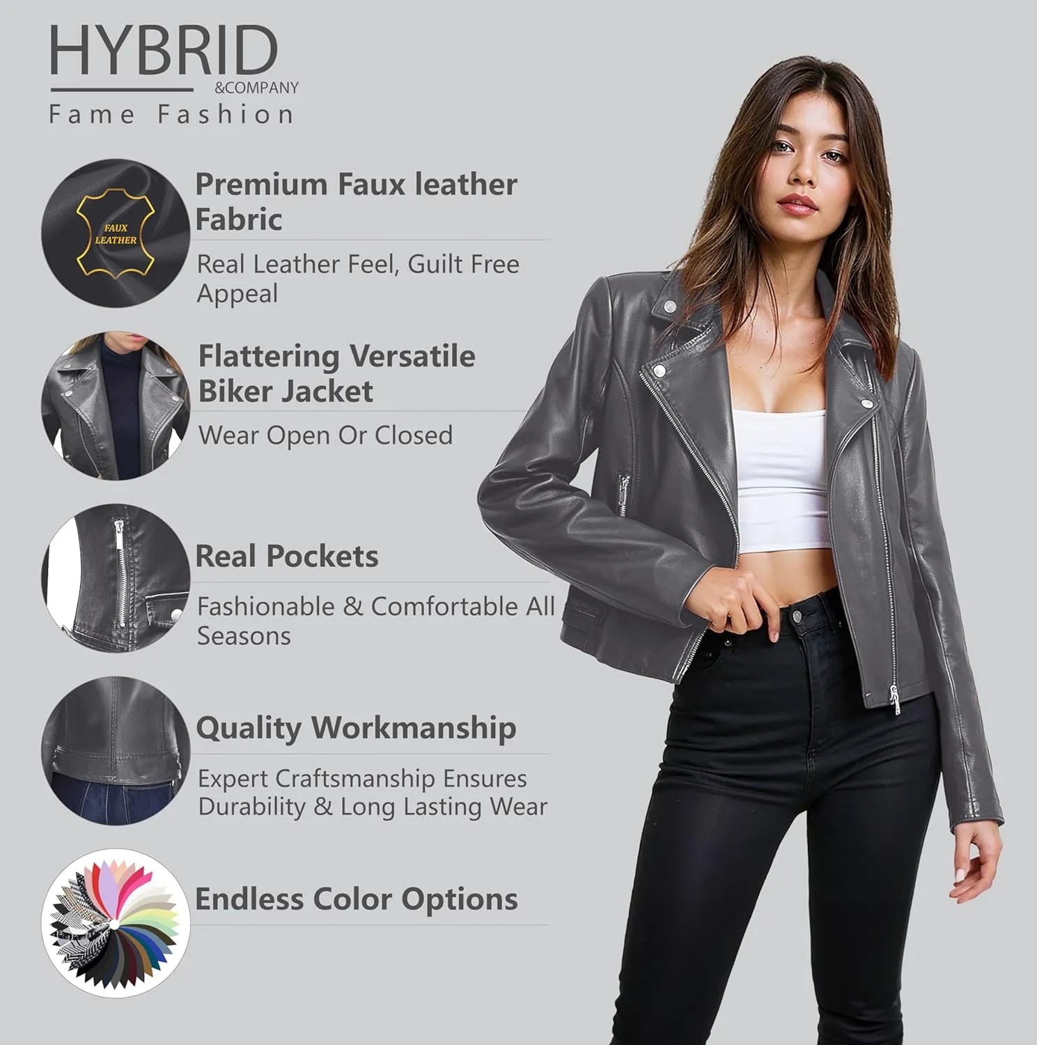 Olivia Miller Women's Faux Leather Moto Biker Jacket Long Sleeve Zip Jacket