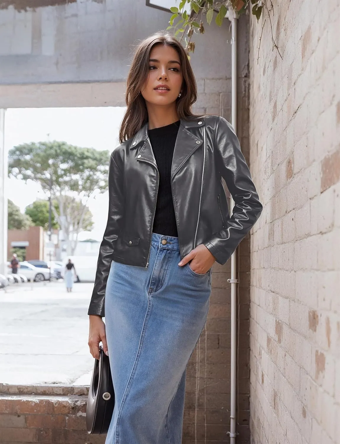 Olivia Miller Women's Faux Leather Moto Biker Jacket Long Sleeve Zip Jacket