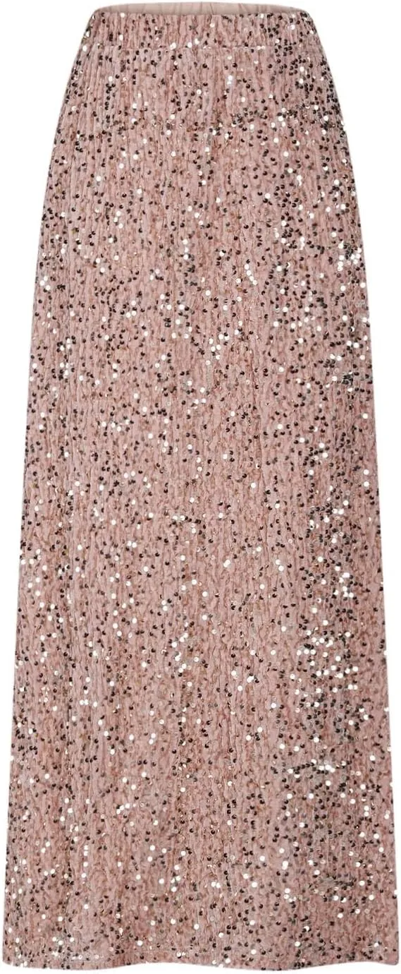Oplxuo Women's Long Sequin Skirts Shiny Glitter High Waisted Maxi Skirts Elegant Cocktail Party Skirt Sparkly Clubwear