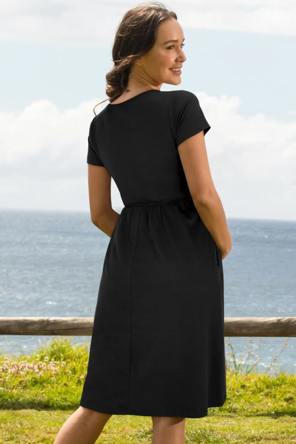 OUGES Women's 2025 Fashion V Neck Midi Dress with Pockets Maternity Clothes Nursing Dresses