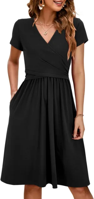 OUGES Women's 2025 Fashion V Neck Midi Dress with Pockets Maternity Clothes Nursing Dresses