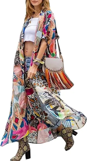 Over Sized Kimonos Women's Geometry Print Rayon Kimonos for Summer Loose Open Front Soft Long Bird