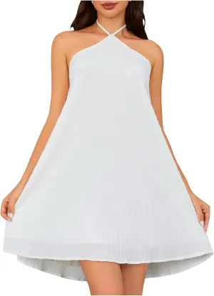 OYOANGLE Women's Summer Beach Dresses Sleeveless Halter Tie Back Solid Backless Flared Short Dress