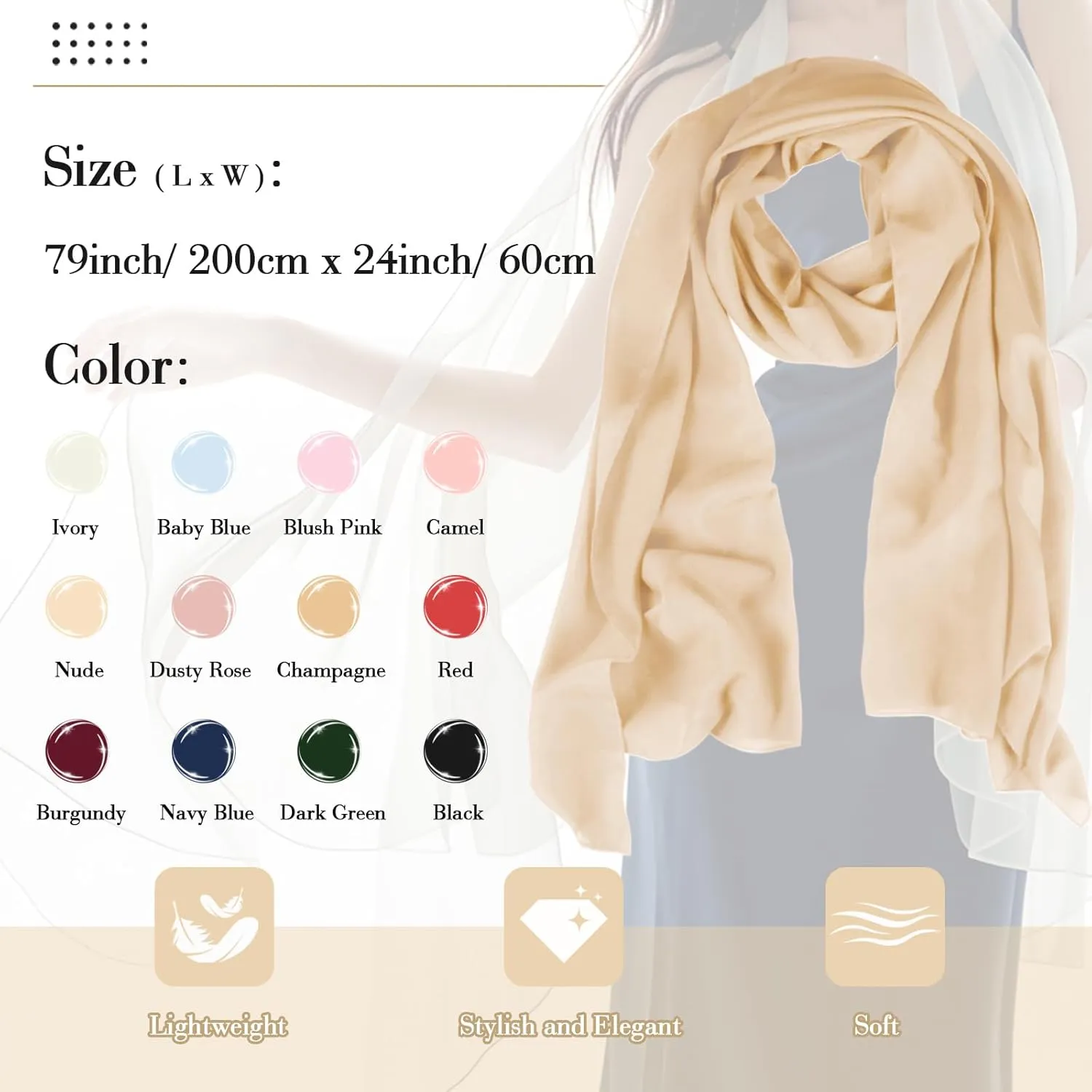 P Pothuiny Women Chiffon Sheer Shawl Wraps for Evening Dresses, 79"x24" Lightweight Soft Chiffon Scarfs Wedding Party Bridal