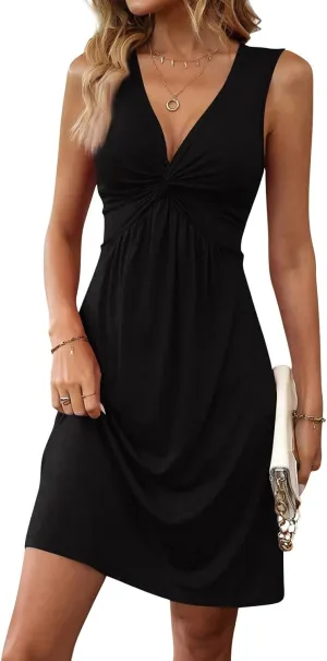 Palaver Summer Dresses for Women 2025 Sexy Deep V Neck Knotted Front Sleeveless A Line Mini Dresses