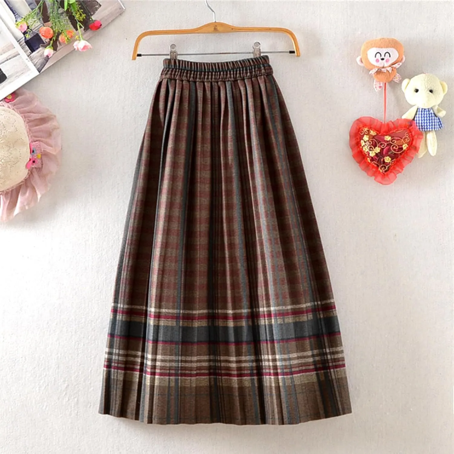 Plaid Skirt for Womens 2025 Fashion Vintage High Waist Pleated Midi Skirts Casual Comfy Soft Knee Length Swing Skirt