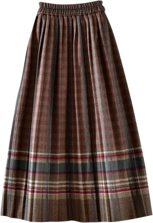 Plaid Skirt for Womens 2025 Fashion Vintage High Waist Pleated Midi Skirts Casual Comfy Soft Knee Length Swing Skirt