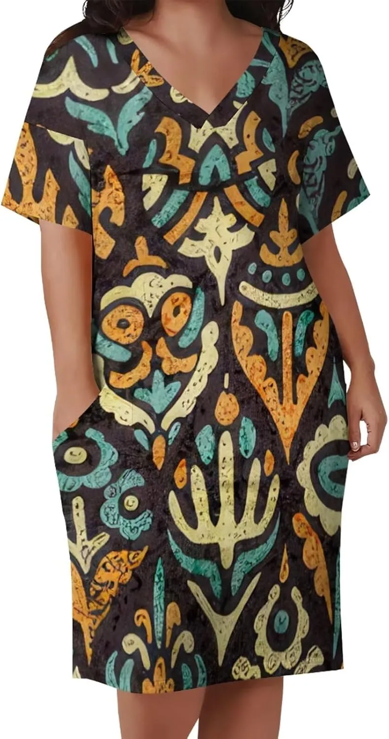 Plus Size Dress for Women Summer Casual African Print V Neck Short Sleeve Loose Midi Dresses with Pockets