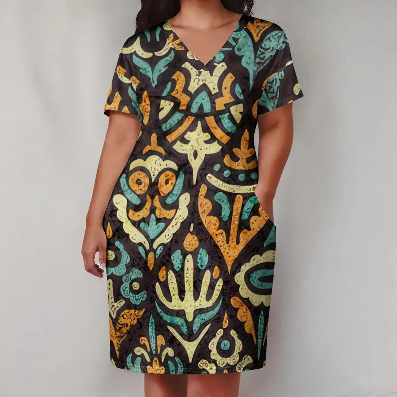 Plus Size Dress for Women Summer Casual African Print V Neck Short Sleeve Loose Midi Dresses with Pockets