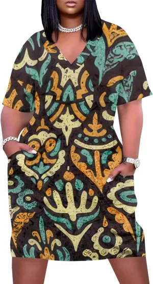 Plus Size Dress for Women Summer Casual African Print V Neck Short Sleeve Loose Midi Dresses with Pockets
