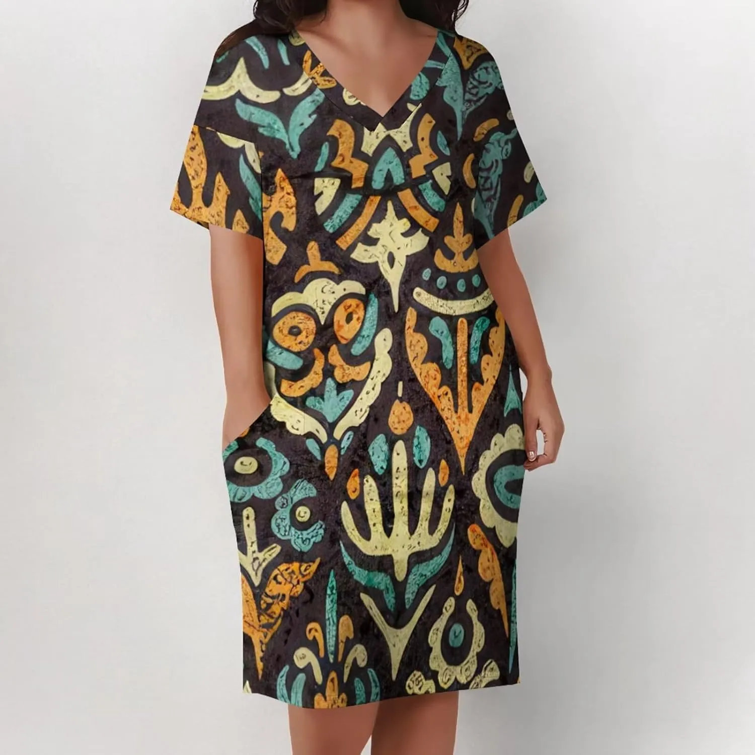 Plus Size Dress for Women Summer Casual African Print V Neck Short Sleeve Loose Midi Dresses with Pockets
