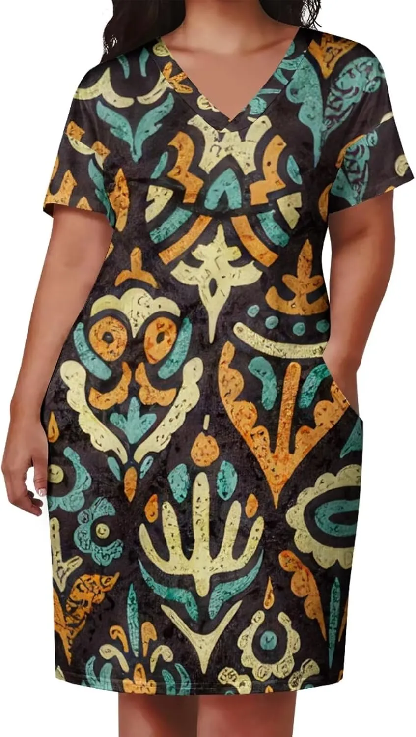 Plus Size Dress for Women Summer Casual African Print V Neck Short Sleeve Loose Midi Dresses with Pockets
