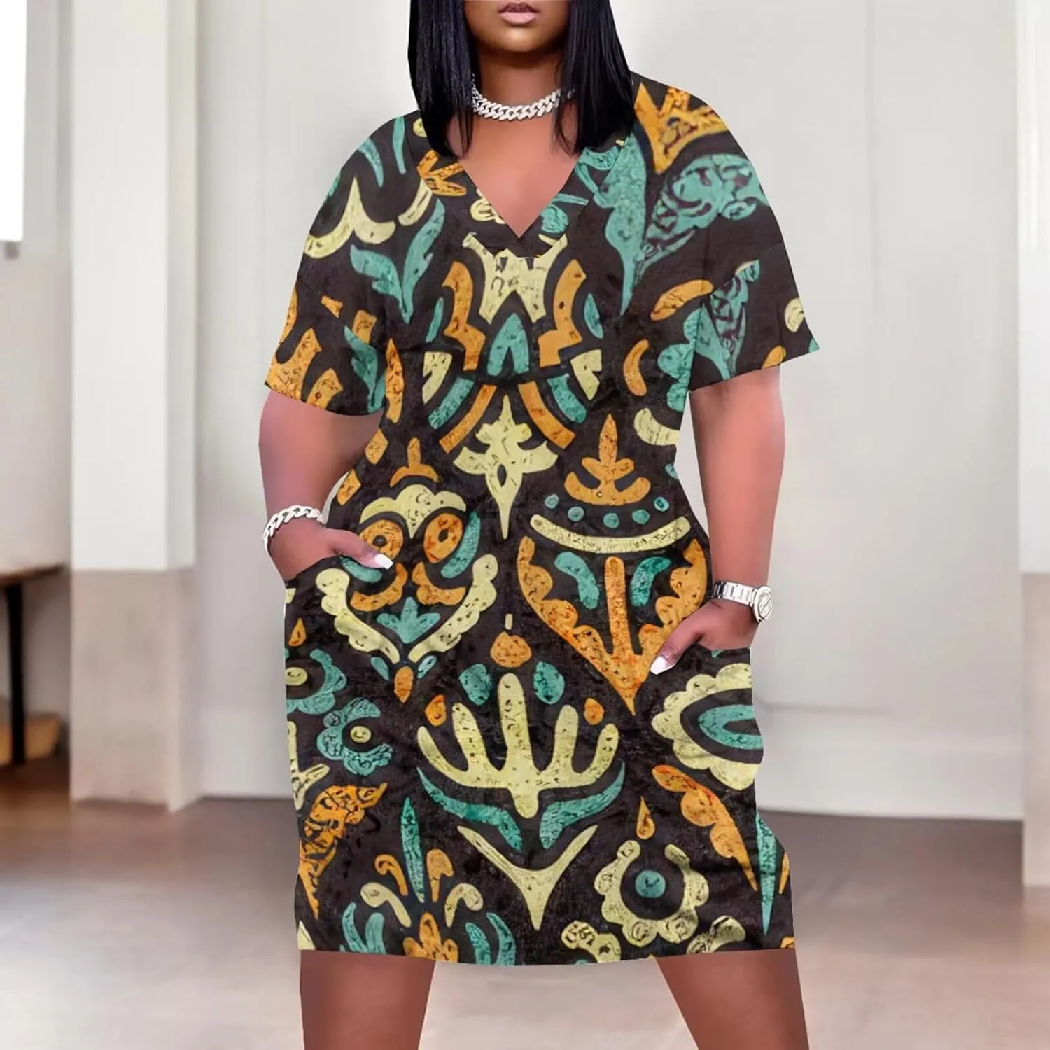 Plus Size Dress for Women Summer Casual African Print V Neck Short Sleeve Loose Midi Dresses with Pockets