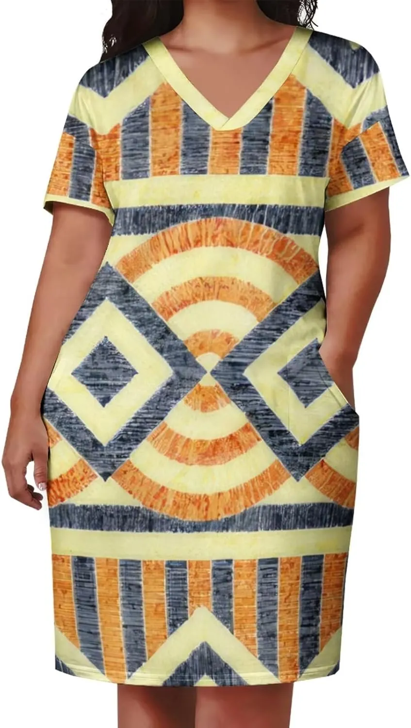 Plus Size Dress for Women Summer Casual African Print V Neck Short Sleeve with Pockets Loose Midi Dresses