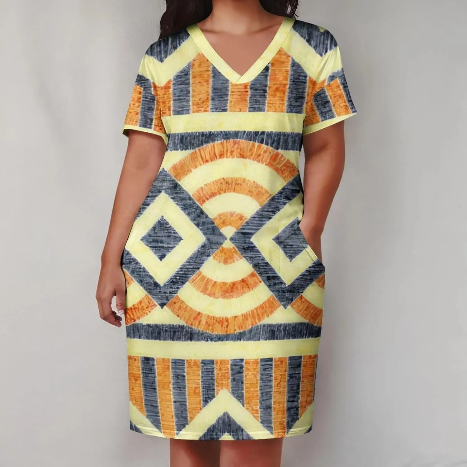Plus Size Dress for Women Summer Casual African Print V Neck Short Sleeve with Pockets Loose Midi Dresses