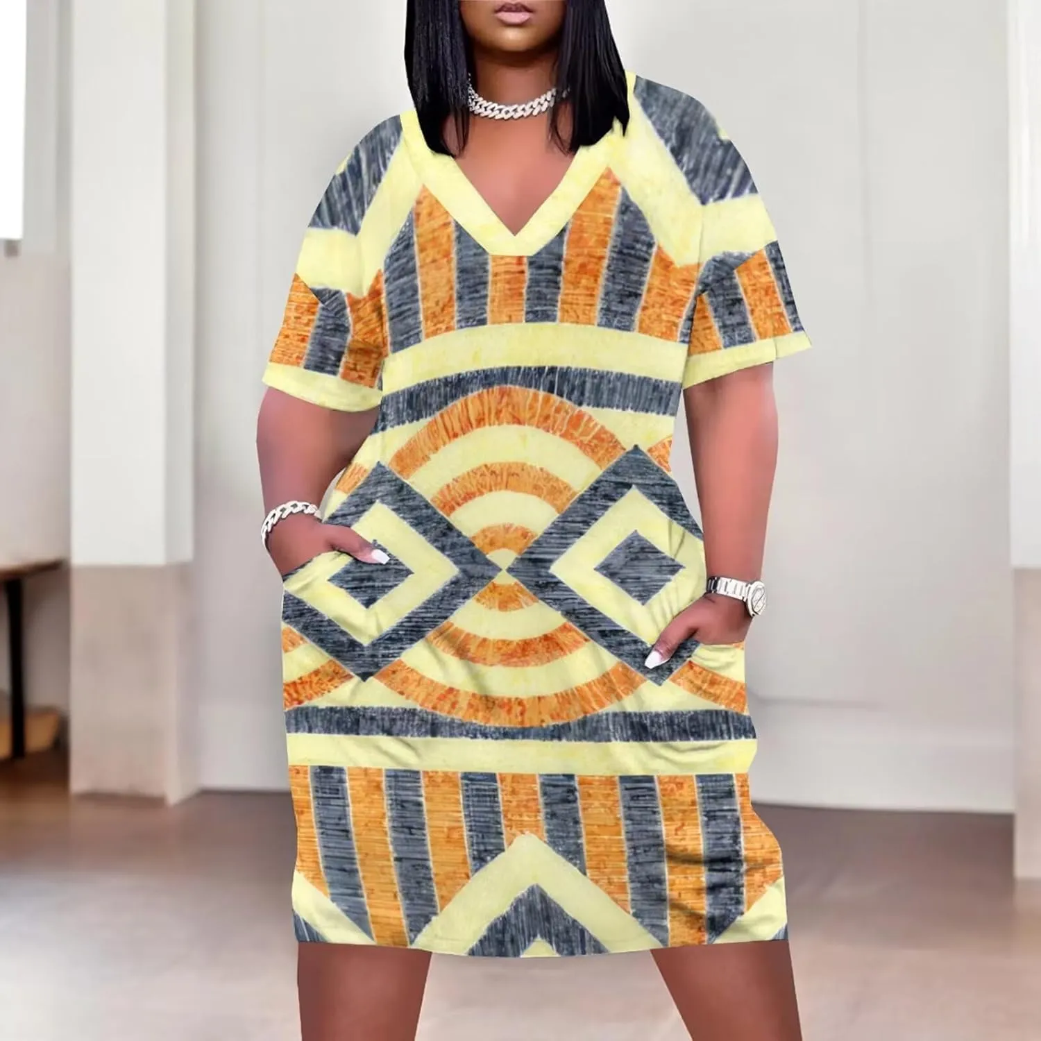 Plus Size Dress for Women Summer Casual African Print V Neck Short Sleeve with Pockets Loose Midi Dresses